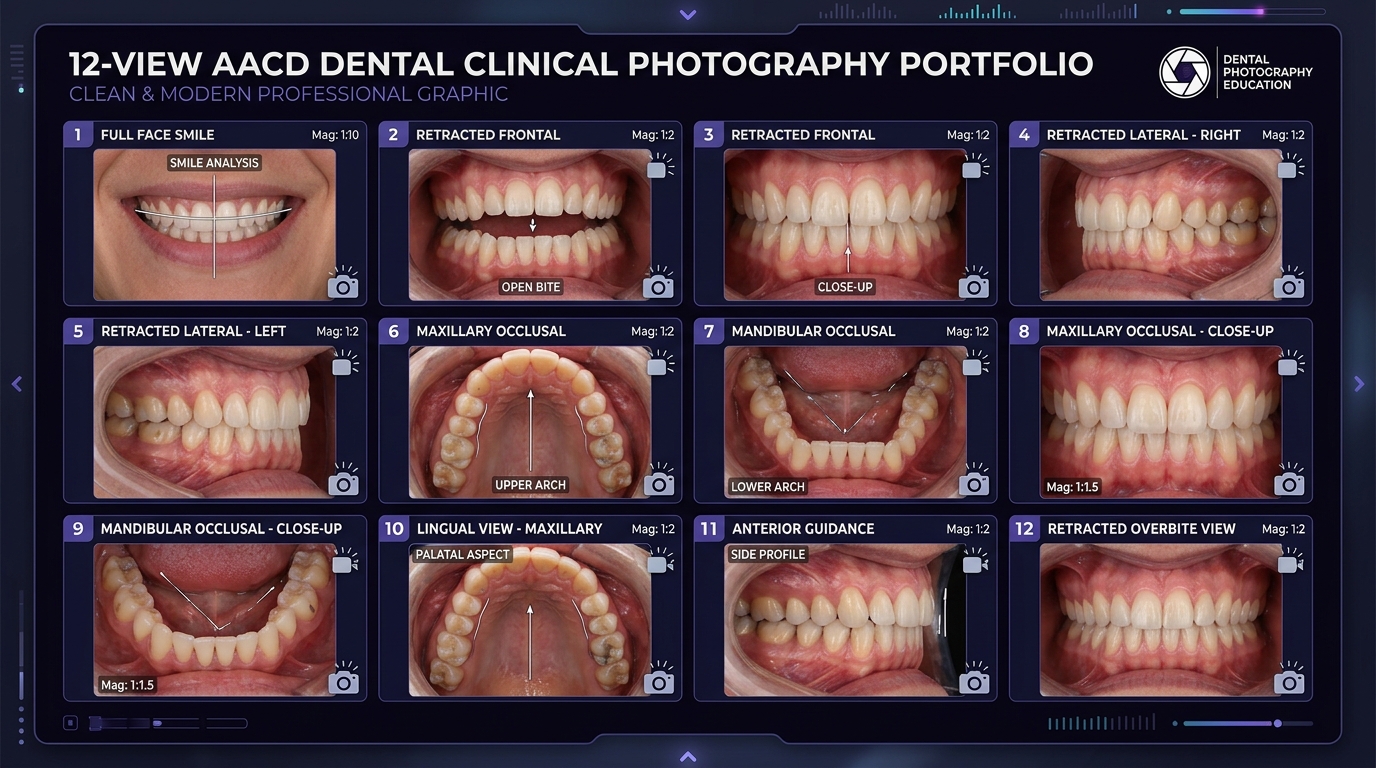 AACD 12-view dental clinical photography portfolio grid showing standardized cosmetic and restorative case views, magnification ratios, and lighting angles