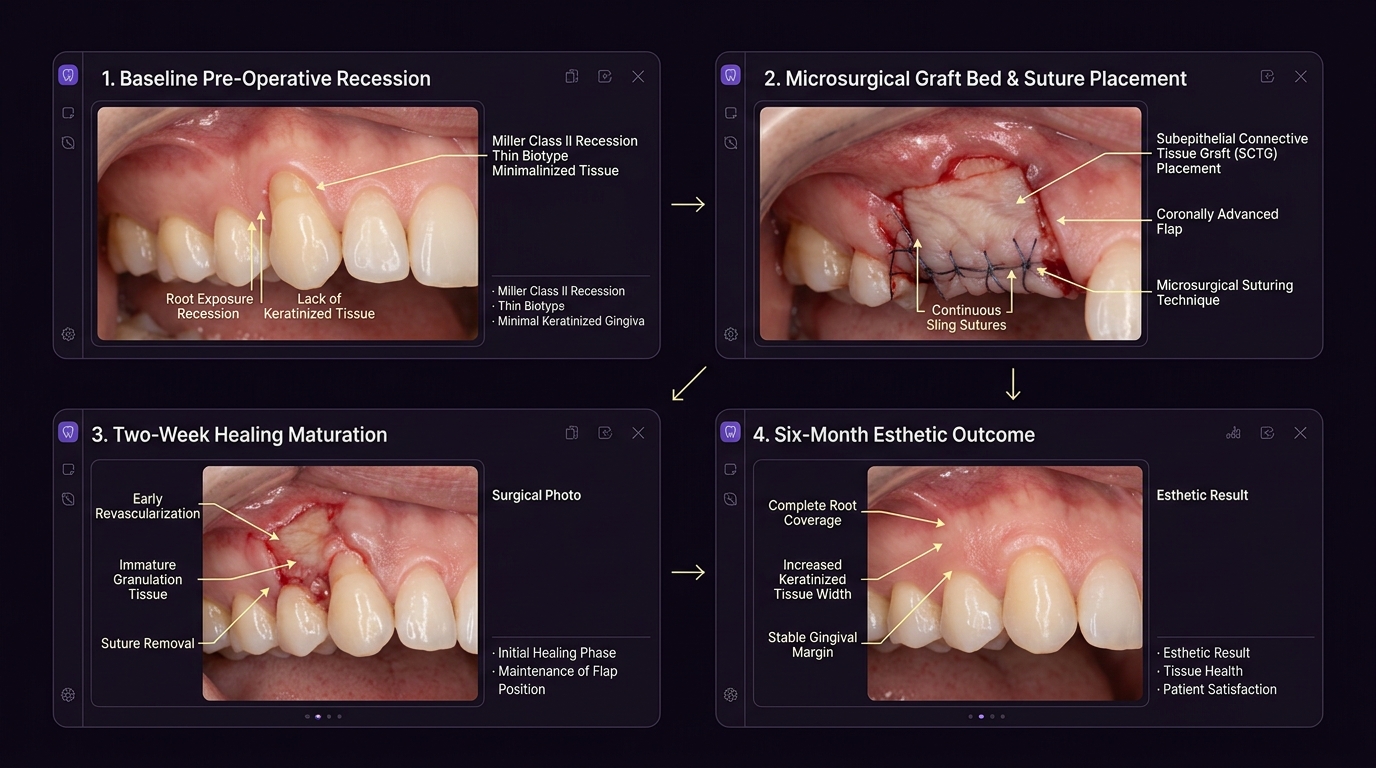 Periodontal connective tissue graft case progression grid: baseline pre-operative recession, microsurgical graft bed with continuous sling sutures, two-week revascularization, and six-month complete root coverage