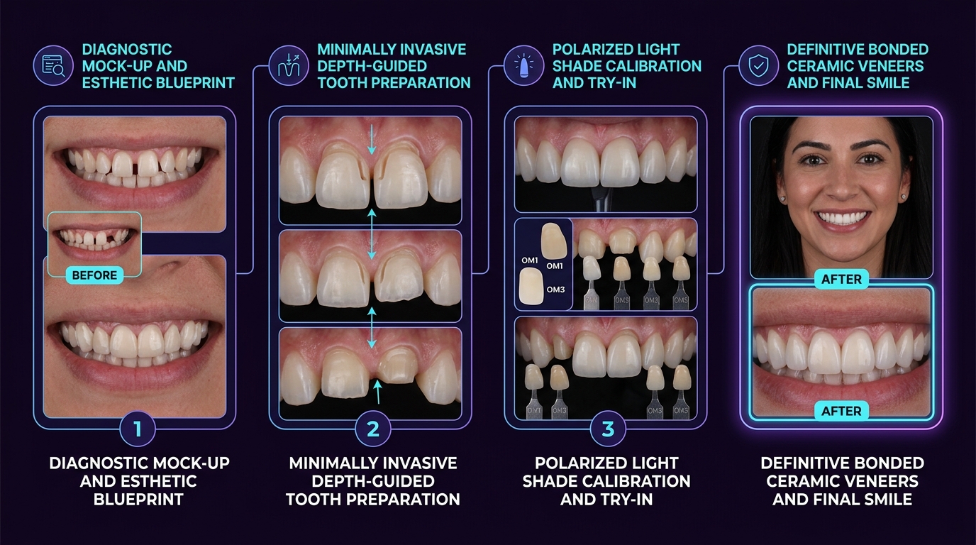 Restorative dental case presentation matrix: diagnostic mock-up, minimally invasive depth-guided veneer preparation, polarized light shade calibration, and final bonded ceramic smile result